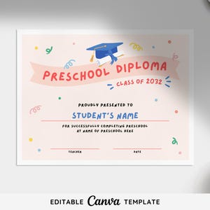 Editable Preschool Diploma Template | Printable Graduation Certificate | Printable School Award | Graduation Diploma | End of School Award
