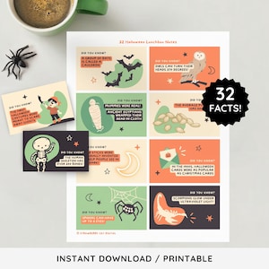 Notes de boîte à lunch d'Halloween | Notes de déjeuner imprimables pour les enfants | Faits intéressants pour Halloween Cartes d'Halloween mignonnes pour enfants Cartes cadeaux d'Halloween