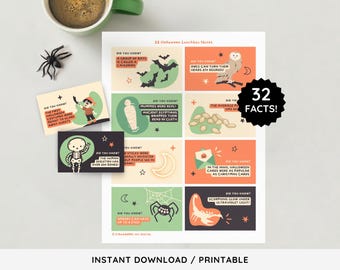 Halloween Lunch Box Notes | Printable Lunch Notes for Kids | Halloween Interesting Facts Cute Halloween Cards for Kids Halloween Favor Cards