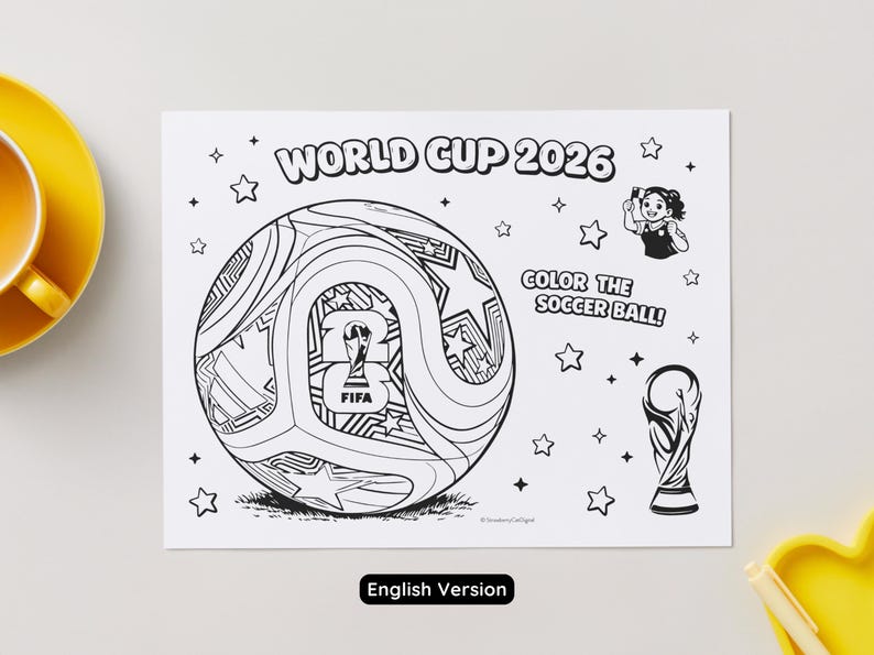 May include: Black and white coloring page with the text "WORLD CUP 2026" and "COLOR THE SOCCER BALL!". The page features a detailed soccer ball design, stars, a trophy, and a small illustration of a person.