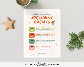 May include: A flyer with the text "UPCOMING EVENTS" in orange and green. The flyer lists events such as a Christmas Party, Holiday Market, Gift Exchange, and New Year's Eve. A star-shaped cookie and a cup of coffee are on the left.