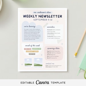 Plantilla de Canva editable para boletín semanal en tonos naturales / Boletín mensual / Boletín para el aula imprimible / Volante de regreso a clases