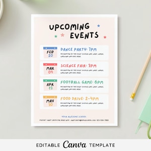 Bewerkbare sjabloon voor aankomende evenementen Schoolcanva | Digitale folder | Evenementenkalender Nieuwsbrief | Schoolfolder | PTA-flyer | Direct downloaden