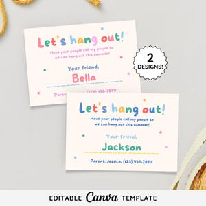 Plantilla editable de tarjetas de contacto Playdate / Tarjeta de contacto para niños / Tarjetas de fin de clases para niños / Fecha de juego de verano / Plantilla Canva / Imprimible