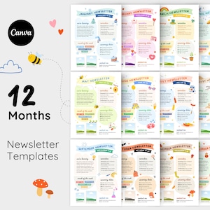 May include: A collection of 12 monthly newsletter templates with vibrant designs and illustrations. The image includes the text "Newsletter Templates," the Canva logo, and the words "12 Months."