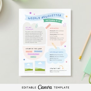 Peut inclure: Un modèle de bulletin d'information hebdomadaire coloré pour les enseignants. Le modèle présente un fond bleu clair avec des accents roses, jaunes et verts. Le texte comprend "Bulletin d'information hebdomadaire", "Septembre 9-13", "Nous apprenons", "Rappels", "Vocabulaire de la semaine", "Dates à venir" et "Contactez-moi !"