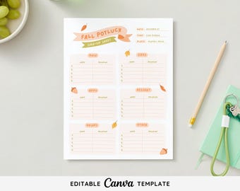 Editable Fall Potluck Sign up Sheet Printable | Thanksgiving Potluck Sign up | Printable Fall Sign-up sheet Friendsgiving Potluck Fall Party
