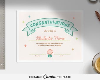 Editable Congratulations Certificate Canva Template | Congrats Achievement Classroom Certificate | Printable School Award | Congrats Award