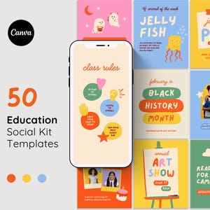 50 Bold and Colorful Teacher Instagram Post Templates | Education Social Media Posts | Posts for Schools | Instagram Stories Canva template