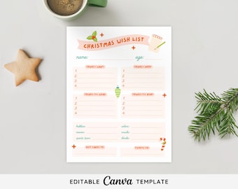 May include: Printable Christmas wish list template with sections for things I want, things I need, things I'll wear, things I'll read, hobbies, colors, gift cards to, and tickets to. The template has a festive red and green color scheme with a Christmas tree ornament and candy cane.