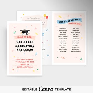 May include: A pink and white graduation invitation with a black graduation cap and the text "Class of 2032", "3rd Grade Graduation Ceremony", "Your Child's School", "Tuesday, May 10, 2032", "@6:00 PM", "School Auditorium".