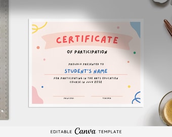 Student Participation Certificate Canva Template | Editable Digital Classroom Certificate | Printable School Award | Custom Certificate