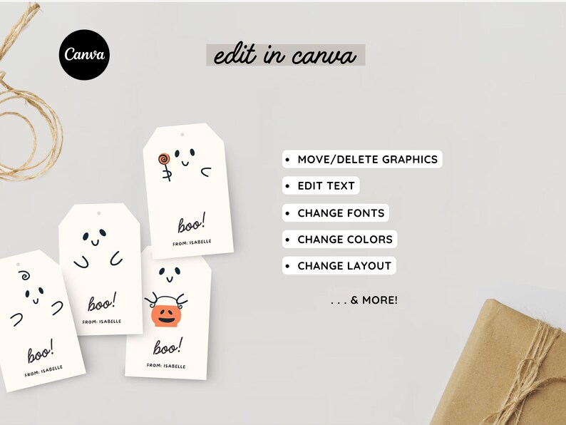 Op de afbeelding: Vier witte cadeau-etiketten met verschillende Halloween-thema illustraties. Elk etiket heeft de tekst "boo!" en "from Isabelle".