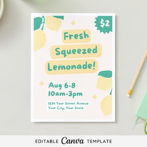 Editable Lemonade Stand Signage Template | Lemonade stand poster | Printable Summer fundraiser flyer | Canva Template | Instant Download