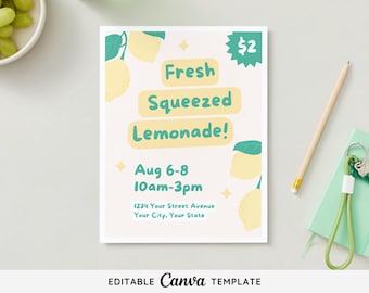 Editable Lemonade Stand Signage Template | Lemonade stand poster | Printable Summer fundraiser flyer | Canva Template | Instant Download