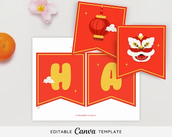 Lunar New Year Banner Printable Template | Printable Happy Lunar New Year Banner | Chinese New Year Decor Sign Lunar New Year Bulletin Board