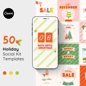 Puede incluir: Un conjunto de 50 plantillas de redes sociales navideñas con una variedad de diseños festivos. Las plantillas incluyen imágenes de árboles de Navidad, bolas de nieve y otras decoraciones navideñas. El texto en las plantillas incluye frases como "hola diciembre", "novedades", "consejos para decorar el árbol", "feliz y brillante", "venta navideña" y "último día para pedir".