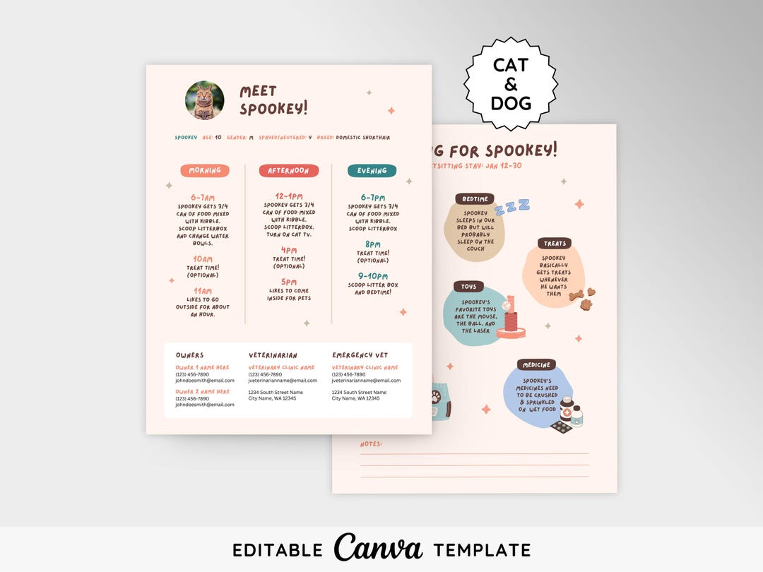 Pets Design Note Pet Sitter Notes Canva Template | Cat Sitter Editable Form | Dog Sitter ...