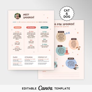 May include: A printable cat and dog care schedule template with a pink, blue, and green color scheme. The template includes sections for feeding, playtime, treats, toys, medicine, and resting. The template is titled "Caring for Spookey!" and includes the text "Meet Spookey!" at the top.