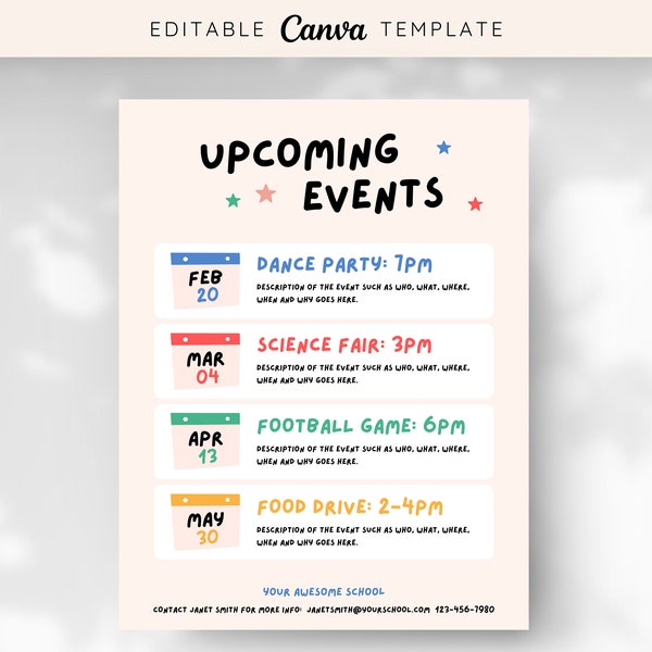 Editable Upcoming Events School Canva Template | Digital Flier | Calendar of Events Newsletter | School Flier | Instant Download | Canva