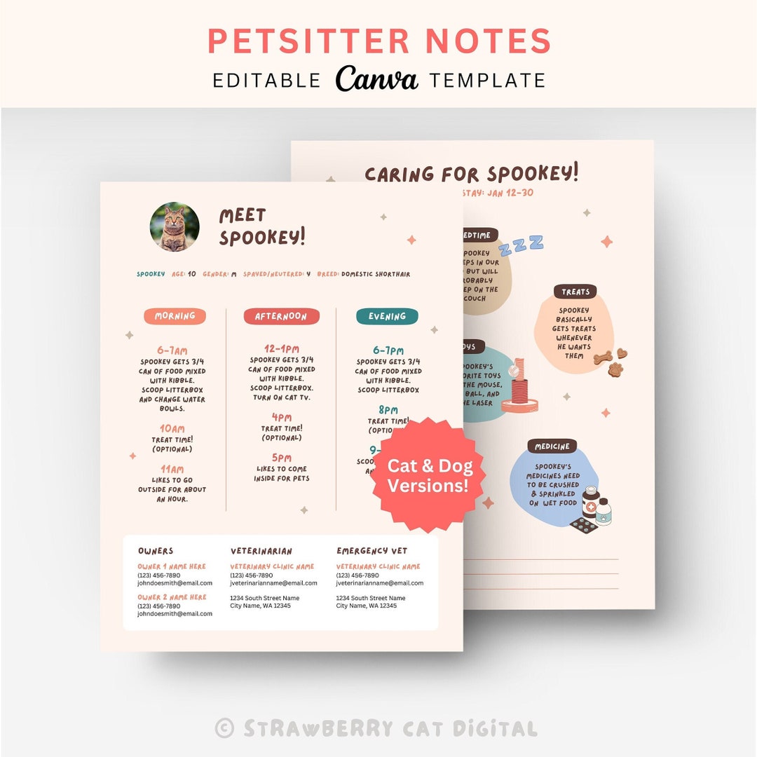 Pets Design Note Pet Sitter Notes Canva Template Cat Sitter Editable Form Dog Sitter ...