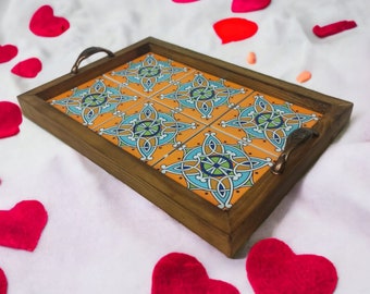 Multifunctional Orange Elegant Ceramic Tray,Decorative Serving Tray,Wooden Tray, Mexican Tile Tray, Coffe Serving, Organizer Tray,Home Decor