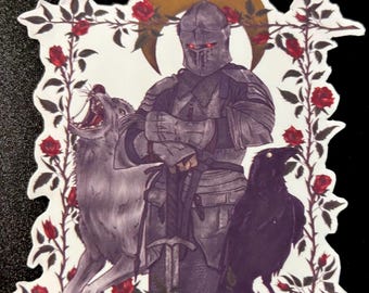 Knight of the Yard, Medieval Sticker, Hand Drawn Vinyl Sticker, raven and wolf