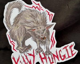 Horror Cat Art, "Kibby Hungie", Black Line Art, Hand Drawn Sticker