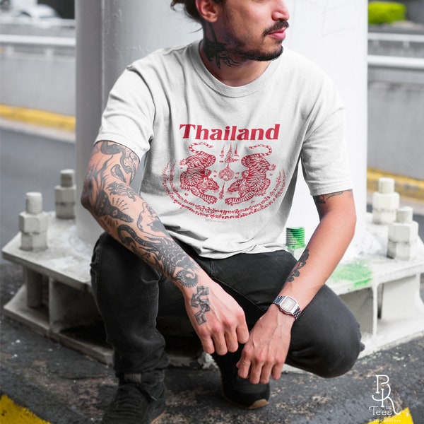 Thai Tattoo T-Shirt, Traditional Thai Twin Tigers Tattoo Graphic T-Shirt, Sak Yant Tattoo Tshirt, Thailand Shirt, Gifts Under 20 USD