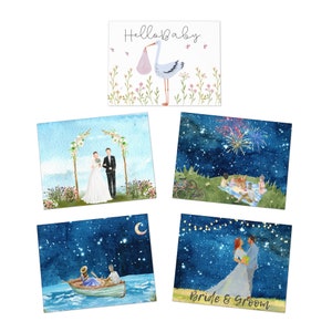 Tarjetas de felicitación multidiseño de acuarela Surtido de tarjetas en blanco, tarjetas de felicitación en blanco, tarjetas de boda estacionarias, tarjetas de baby shower