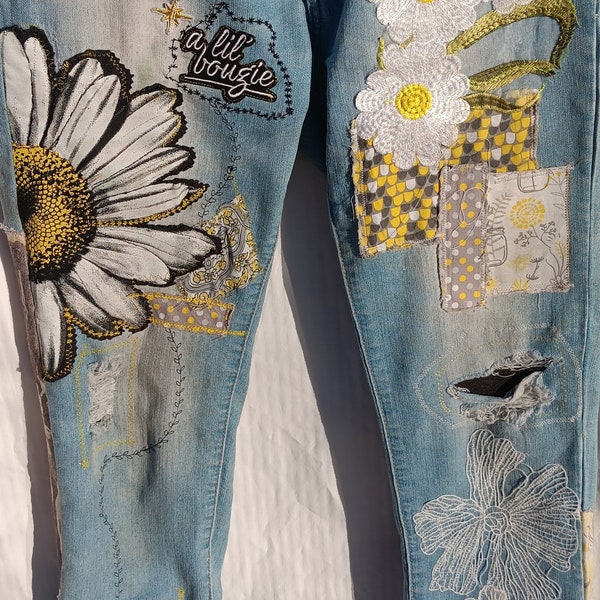 Jeans, embroidered, denim, patched, distressed, one-of-a-king, unique, wearable art, hippie, boho, vintage, upcycled, reinvented, custom