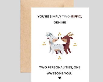 Cute card for gemini, funny gemini card, gemini birthday card, gemini gift, gemini, zodiac sign cards, handmade blank greeting card