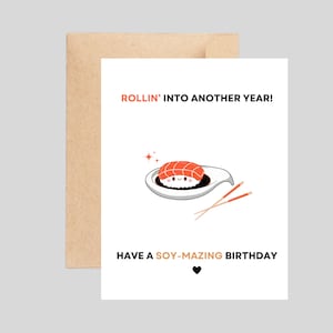 Carte d'anniversaire mignonne et drôle, carte d'anniversaire de jeu de mots pour l'amant de sushi, cartes d'anniversaire drôles, cartes de voeux vierges faites main