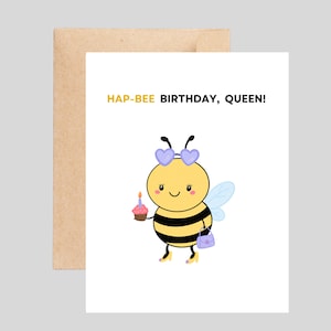 Funny Birthday Pun Card - Hapbee Birthday Queen, Bee Pun Birthday Card For Bee Lovers, Birthday Card For Her, Wife, Girlfriend, Sister