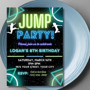 Jump Birthday Party Invitation Trampoline Neon Party Kids Editable Canva Template 5x7