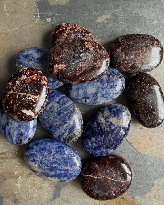 Sodalite & Garnet Crystal Palm Stones | Grounding + Intuition | Polished Healing Stones/ Meditation