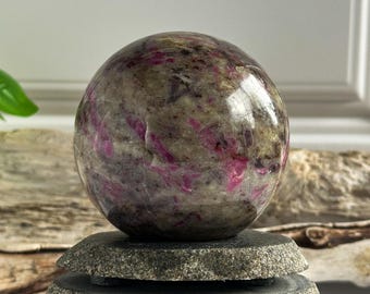 Ruby in Feldspar Sphere, 2.15 lbs/ UV Reactive/ Passion and Grounding Healing Crystal Ball/ Heart energy, Vitality and Strength