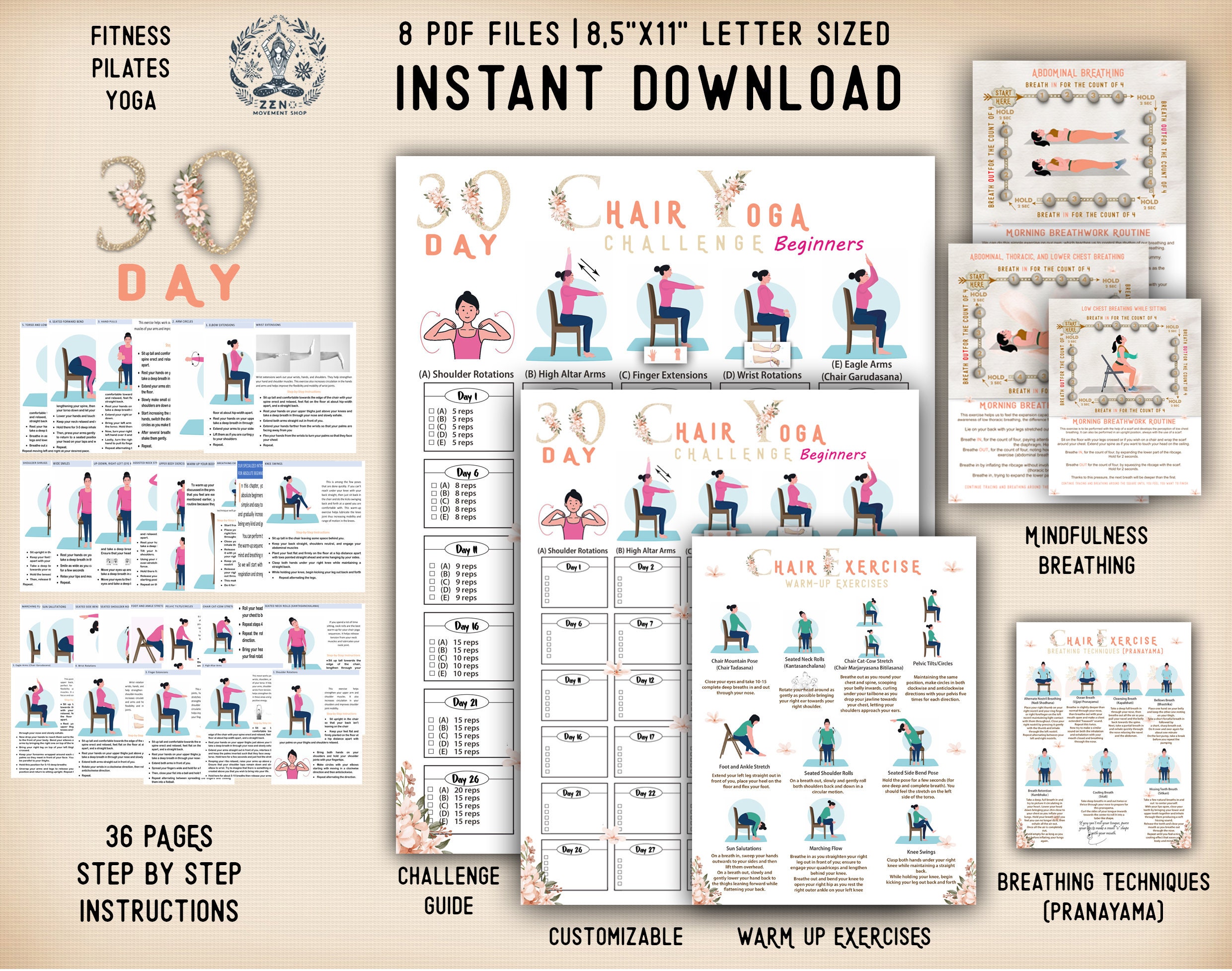 30 Day Chair Workout Challenge Printable Chair Yoga Guide 10 Mins Workout  Planner Digital Digital Office Workout Sitting Workout 