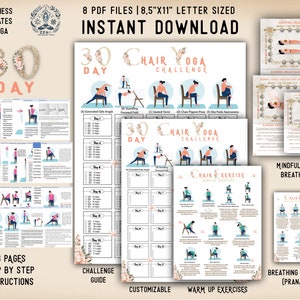 Op de afbeelding: Een 30-daagse stoelyoga-uitdaging gids met 36 pagina's met stapsgewijze instructies. De gids bevat warming-up oefeningen, ademhalingstechnieken en aanpasbare dagelijkse routines.