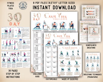 May include: A 30-day chair yoga challenge guide with 36 pages of step-by-step instructions. The guide includes warm-up exercises, breathing techniques, and customizable daily routines.