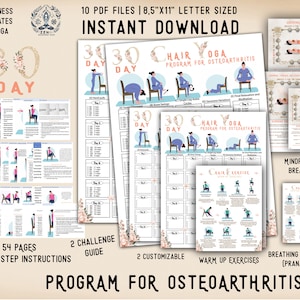 May include: A 30-day chair yoga program for osteoarthritis. The program includes 54 pages of step-by-step instructions, 2 challenge guides, 2 customizable warm-up exercises, and breathing techniques (pranayama).