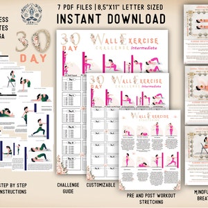 BUNDLE Exercice mural de 30 jours imprimable (niveau intermédiaire) | Pilates muraux | Fitness mural |Bas du corps |Tableau Pilates mural | Téléchargement numérique | A4 et USL