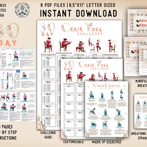 May include: A 30-day chair yoga challenge guide with 38 pages of step-by-step instructions. The guide includes a warm-up exercise section, breathing techniques, and mindfulness breathing exercises. The guide is customizable and includes a challenge guide.