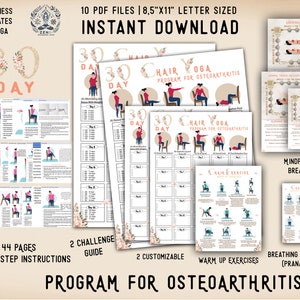 May include: A 30-day chair yoga programme for osteoarthritis. The programme includes 44 pages of step-by-step instructions, 2 challenge guides, 2 customisable warm-up exercises, and breathing techniques. The programme is designed to help people with osteoarthritis improve their flexibility, strength, and balance.