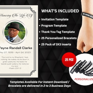 May include: Memorial templates and personalized bracelets are featured in this image. The templates include invitations, programs, and thank you tags. The bracelets are black with white text, including phrases like "In Loving Memory". The image also includes a memorial card.