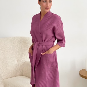 Cotton women robe, women&#39;s hooded bathrobe, cotton waffle robe, turkısh waffle bathrobe, kimono waffle dressing gown, soft spa robe