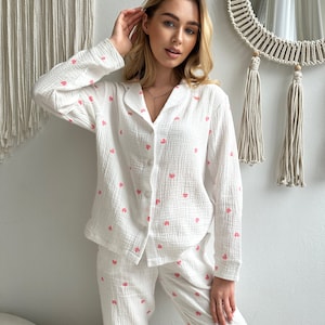 Muslin Pajama Double Gauze Muslin sleepwear Organic Cotton Set Crinkle cotton pajamas Bridal Bachelorette pajama set Muslin marle loungewear
