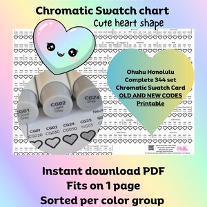 May include: A printable Ohuhu Honolulu 344 chromatic swatch chart with a cute heart shape design. The chart includes old and new color codes, sorted by color group and from light to dark. The image also shows a set of Ohuhu markers.