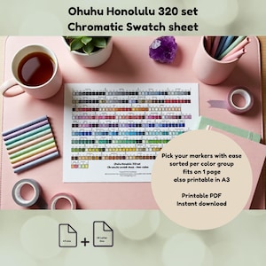 May include: A white paper Ohuhu Honolulu 320 set chromatic swatch sheet with rows of colored squares. The sheet includes text labels and is displayed with markers, a mug, tape, and a circular overlay with text about printable PDF downloads.
