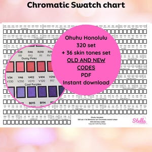 Op de afbeelding: Een witte chromatische kleurenpalet voor Ohuhu Honolulu markers. De kaart bevat kleurstalen, kleurcodes en de tekst "Ohuhu Honolulu Chromatic Swatch chart". Een roze cirkel markeert kleurstalen met de tekst "320 set + 36 skin tones set".